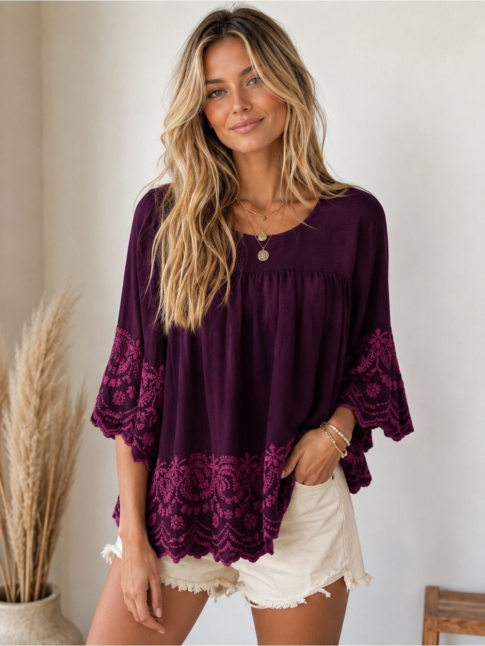 Aina Be Plum Embroidered Peasant Blouse Boho Chic Aesthetic